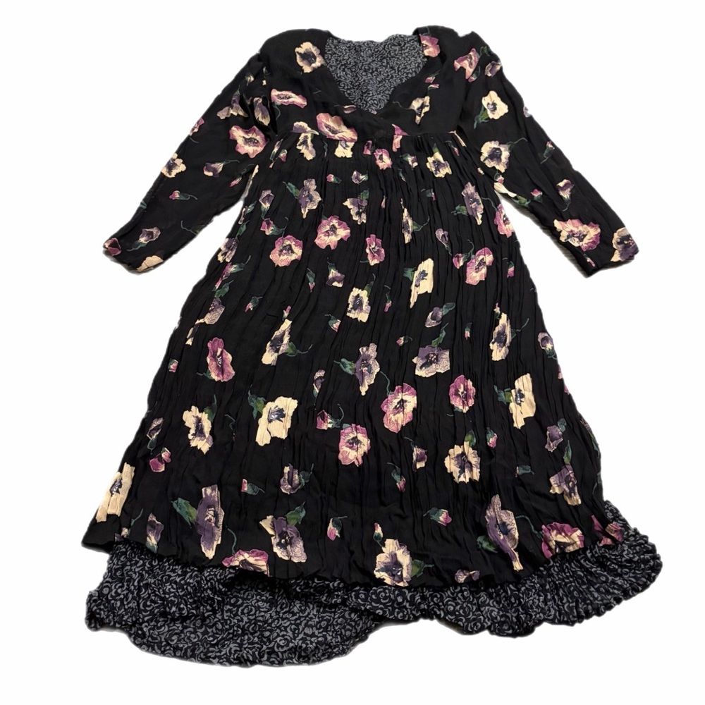 Vintage 70s Olivia Floral Empire Waist Layered Maxi Dress Rayon (Black/Multi) M